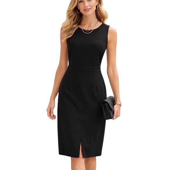 Talbots Dresses & Skirts - Talbots Petites Black Sleeveless Front Slit Sheath Dress 10P Round Neck Zip Back
